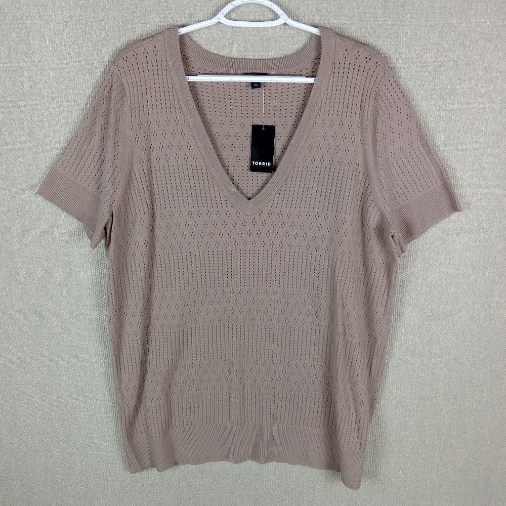 Torrid Everyday Soft Pointelle Pullover Knit V-Neck Sweater Plus Size 2 Taupe